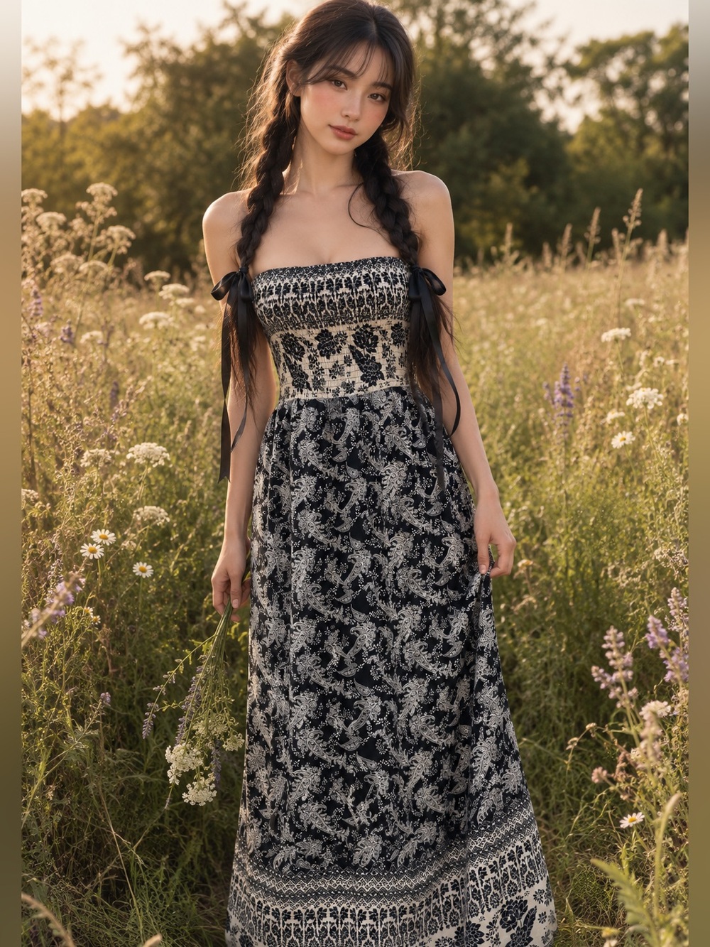 Windswept Wanderlust Whispers Flowy boho printed strapless smocked maxi dress M